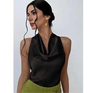 Black Satin Halter Draped Tie Neck Sleeveless Blouse